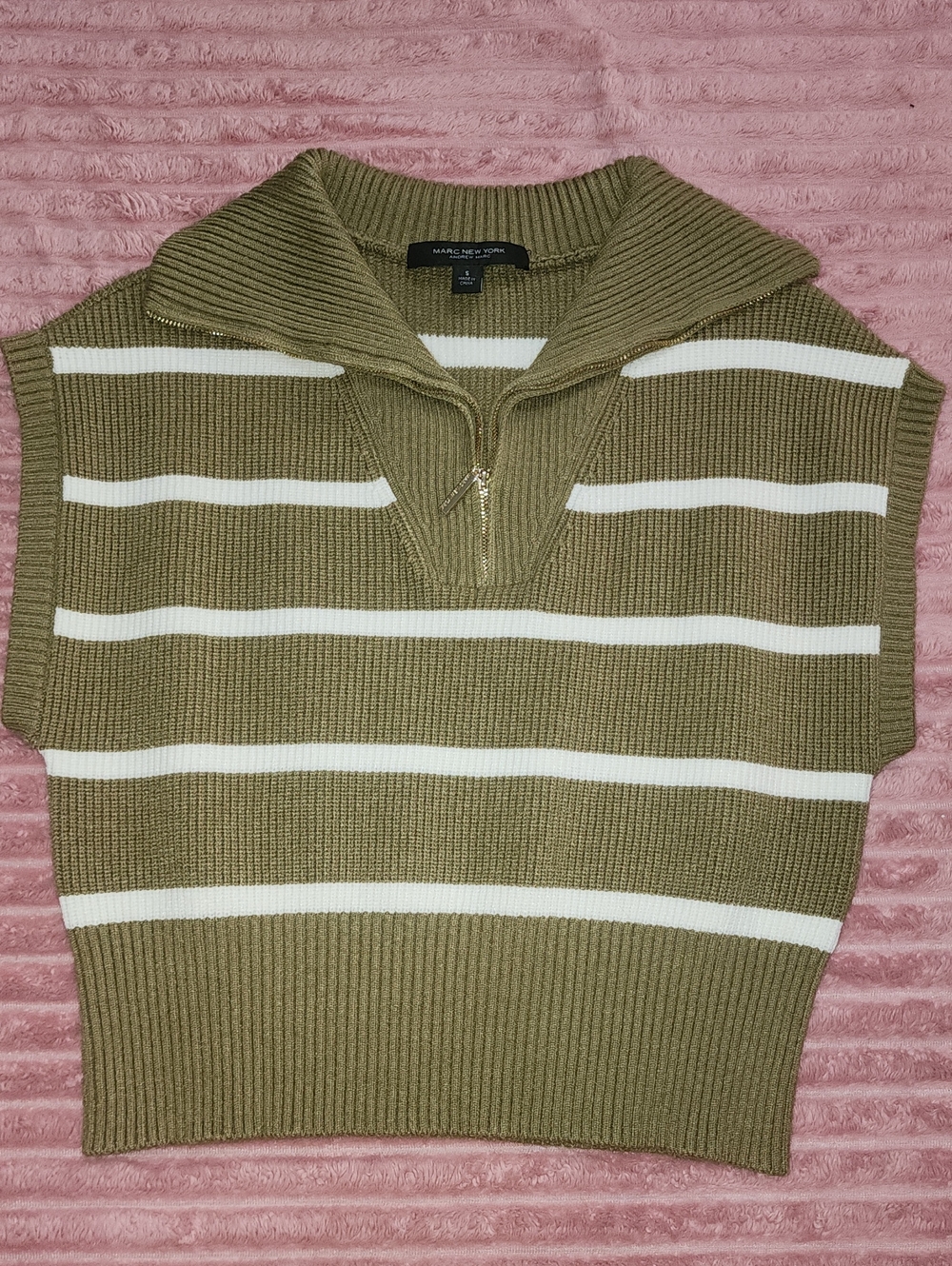 Marc New York Olive & White Striped Half-Zip Knit Vest
